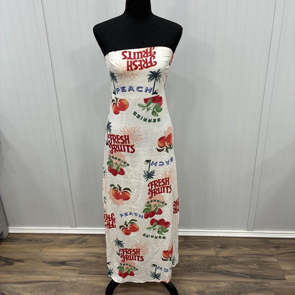 Paper Heart White Fruit Print Linen Blend Strapless Maxi Dress Size XS NWT